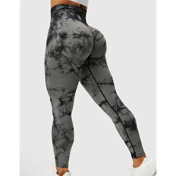 Butt Lifting Full Length Active Leggings Sz Medium Womens Tie Dye Black & Grey A - Picture 10 of 10